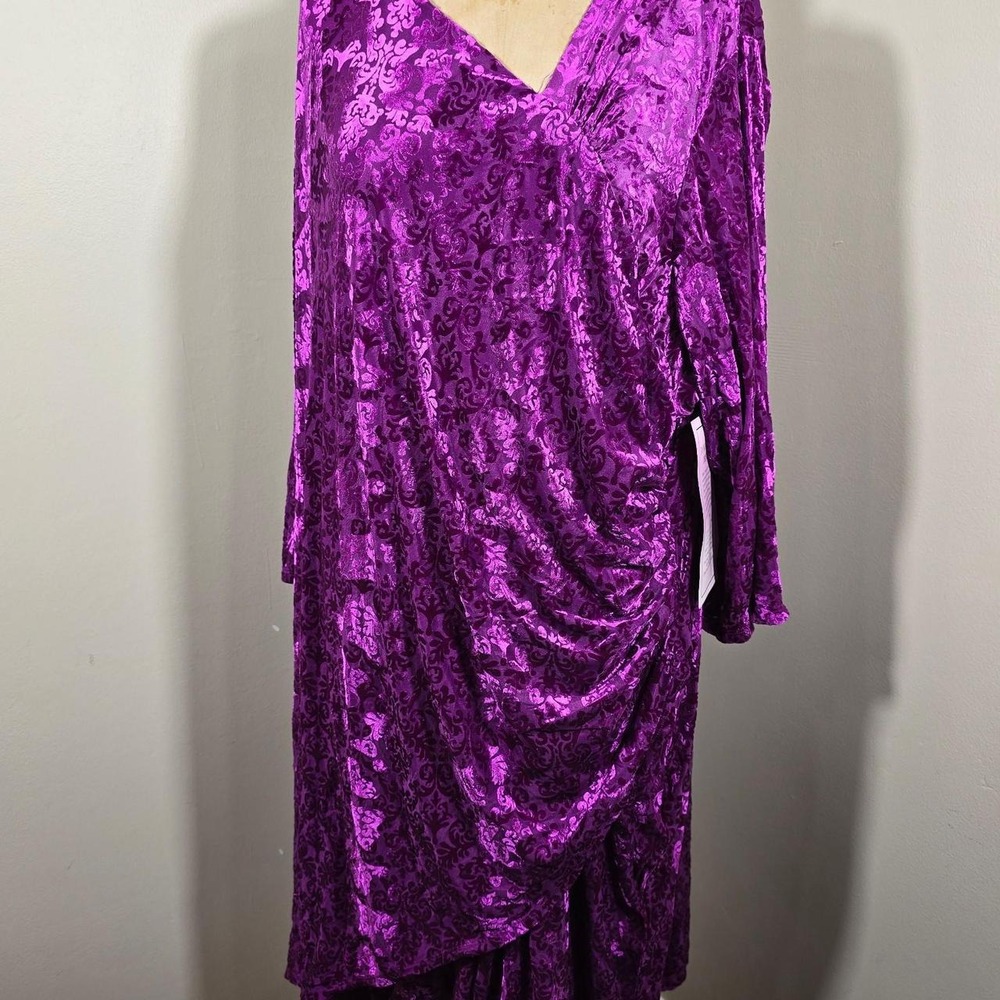 Roaman's purple velvet burnout draped evening dress size 34W